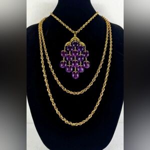 Crown Trifari Vintage 1950s Long Layers Purple Lucite Waterfall Pendant Necklace